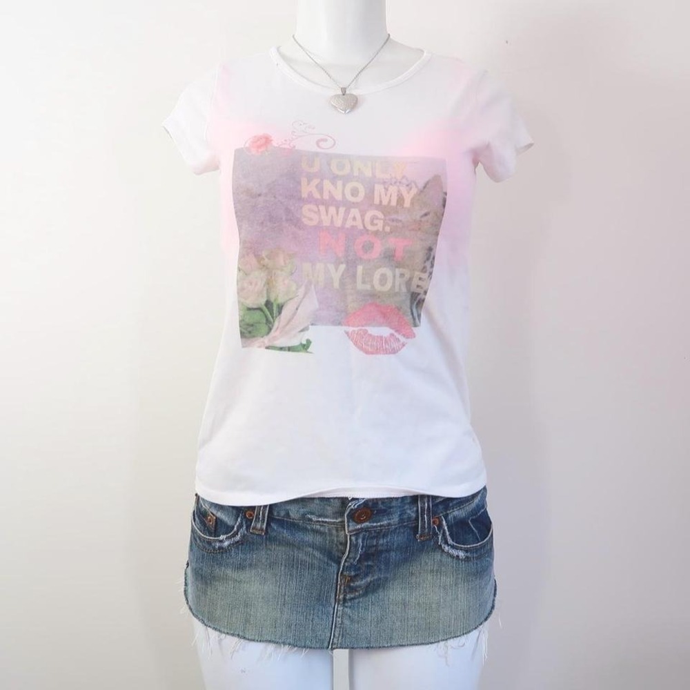 white graphic baby tee u only kno my swag y2k coquette indie sleaze
